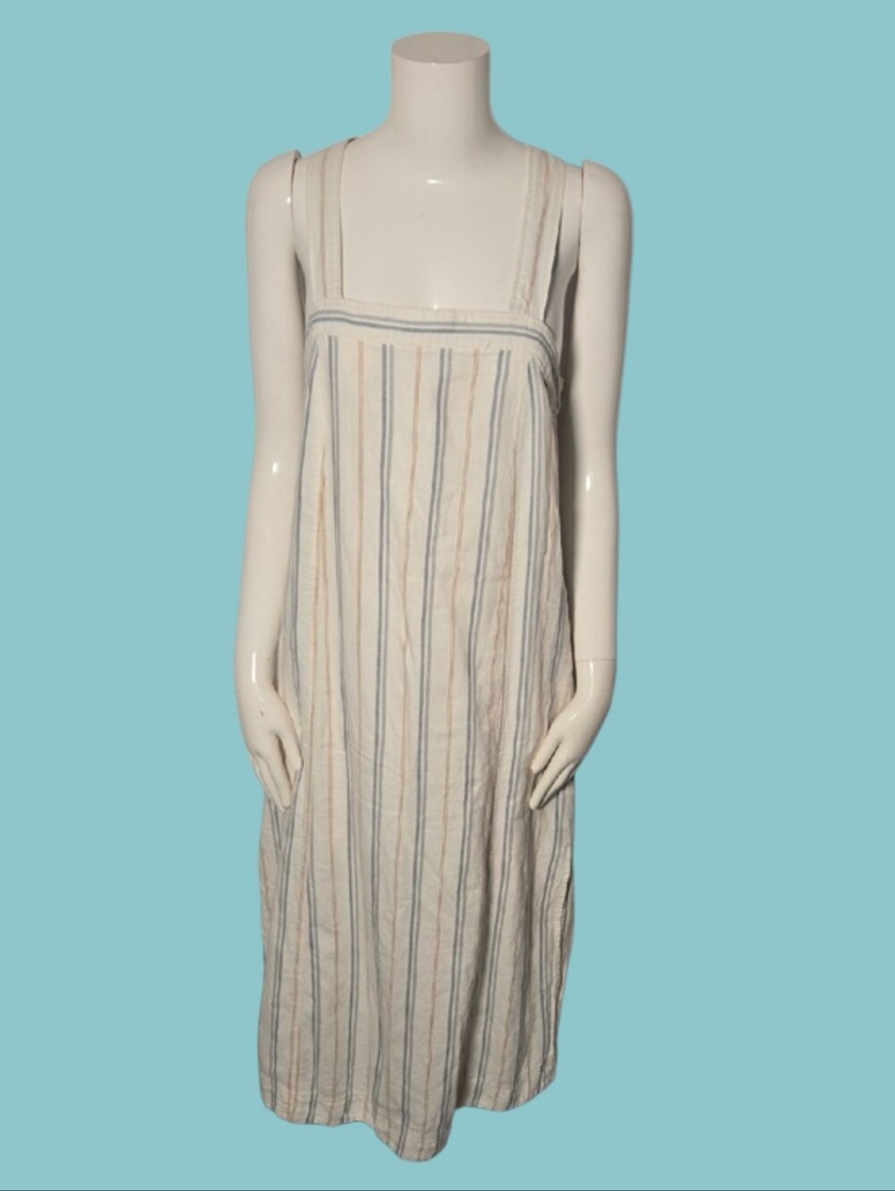 Madewell Striped Linen Maxi Dress in Cream with Blue and Tan Stripes
